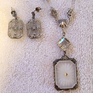 New Silver Camphor Glass Diamond Filigree Earrings and Necklace Set